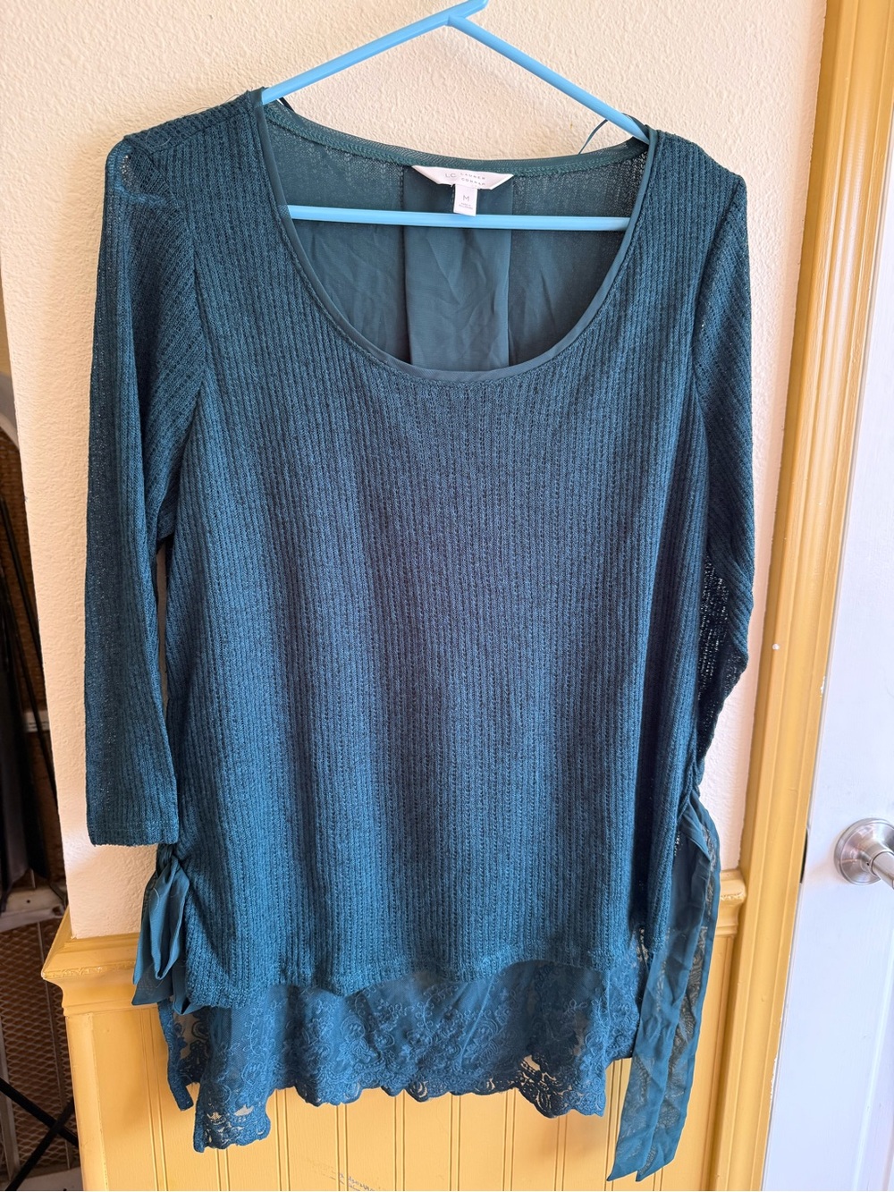 LC Lauren Conrad Dark Green Long-Sleeve Lace-Hem Layered Top